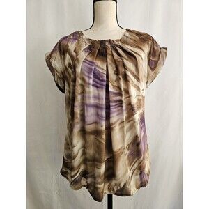 Agora Women’s Blouse Medium Brown Purple Abstract Pleated Short Sleeve Top